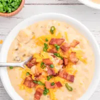 over the top view of potato soup loaded with bacon bits, green onion and shredded cheese