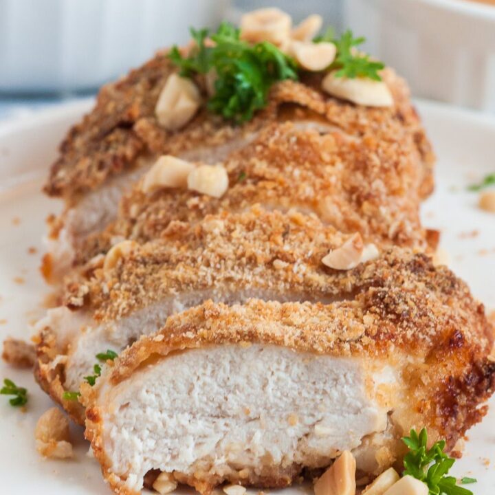 crusted peanut chicken. not spicy, so it's kid-approved