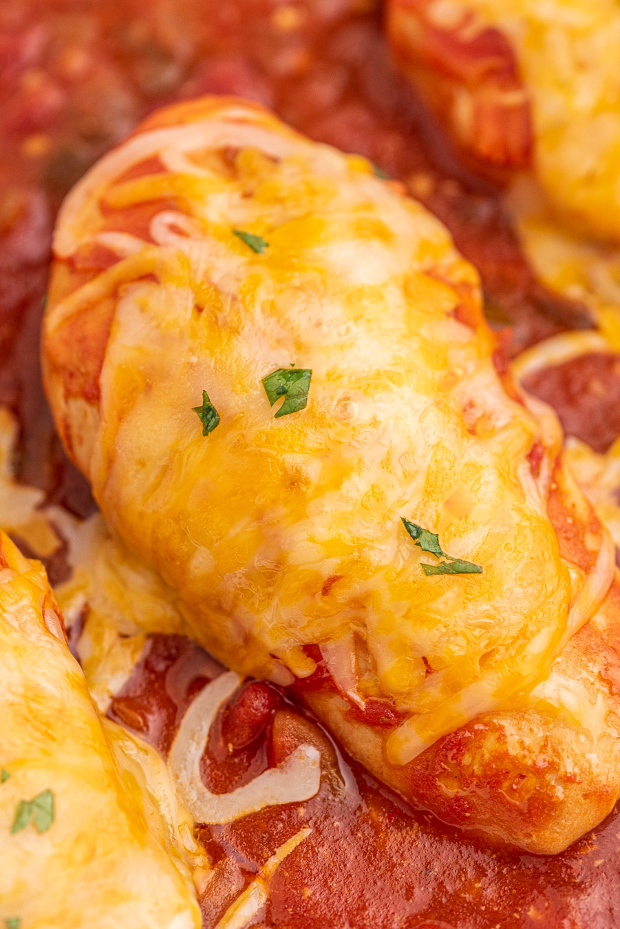 very up close view of a cheesy saucy chicken breasts topped with cilantro garnish