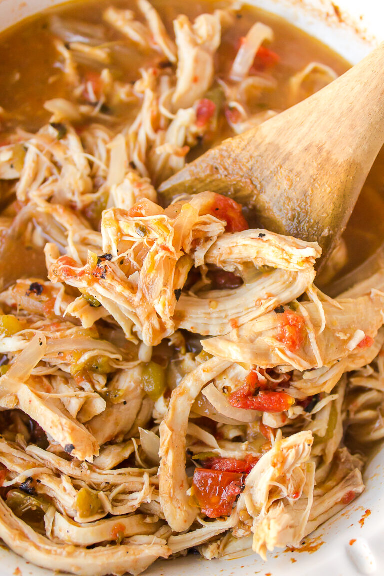 wooden spoon inside of dish of salsa verde chicken ready to serve