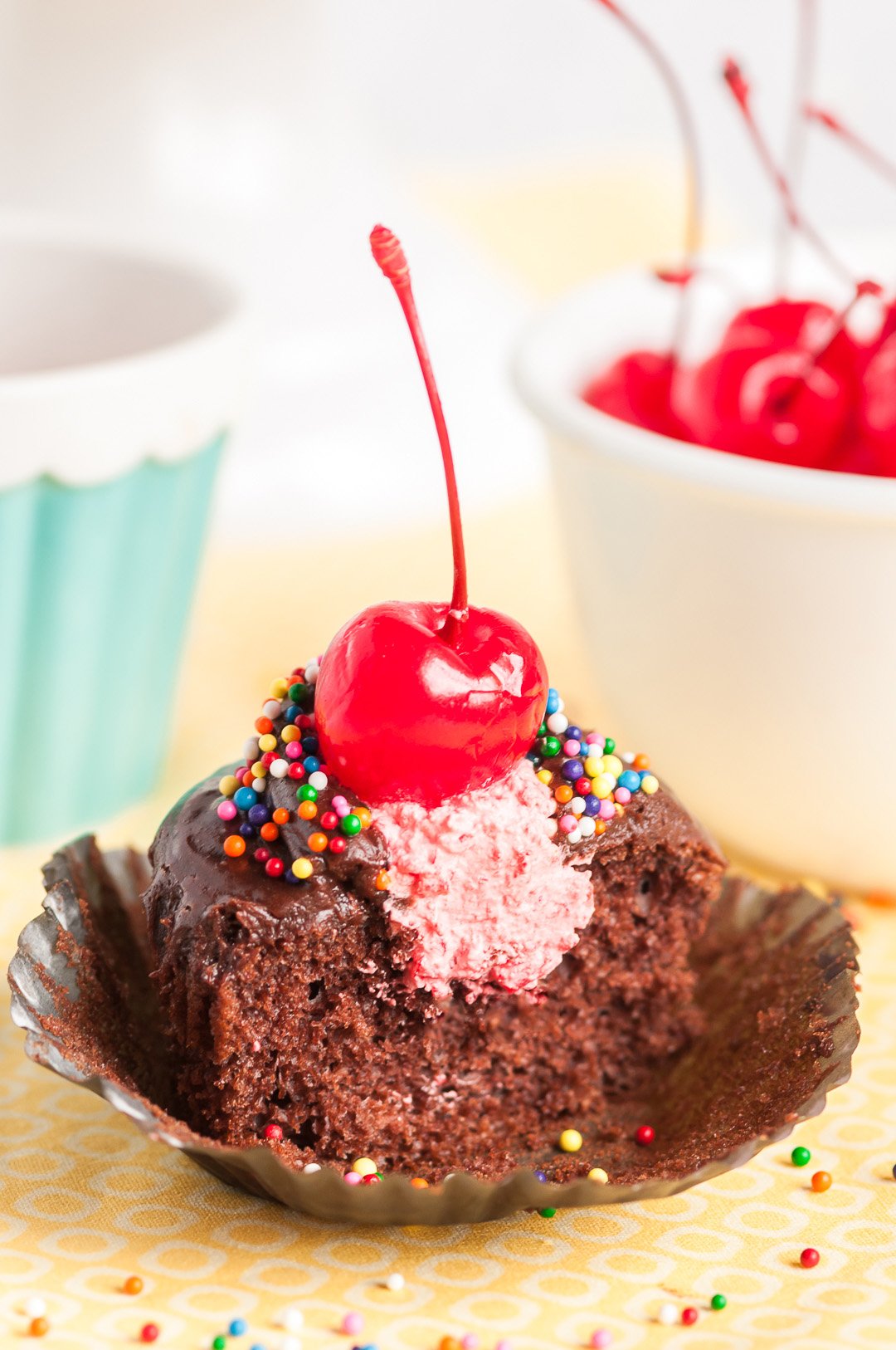 cherry filling inside of chocolate cupcake