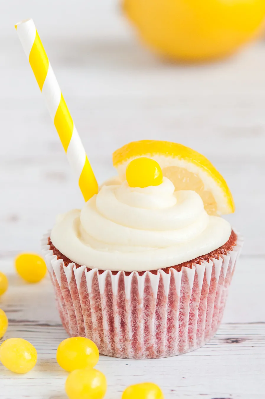 lemonade cupcake with lemonhead garnish