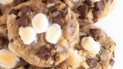 smore's chocolate chip peanut butter cookies up close stacked onto each other