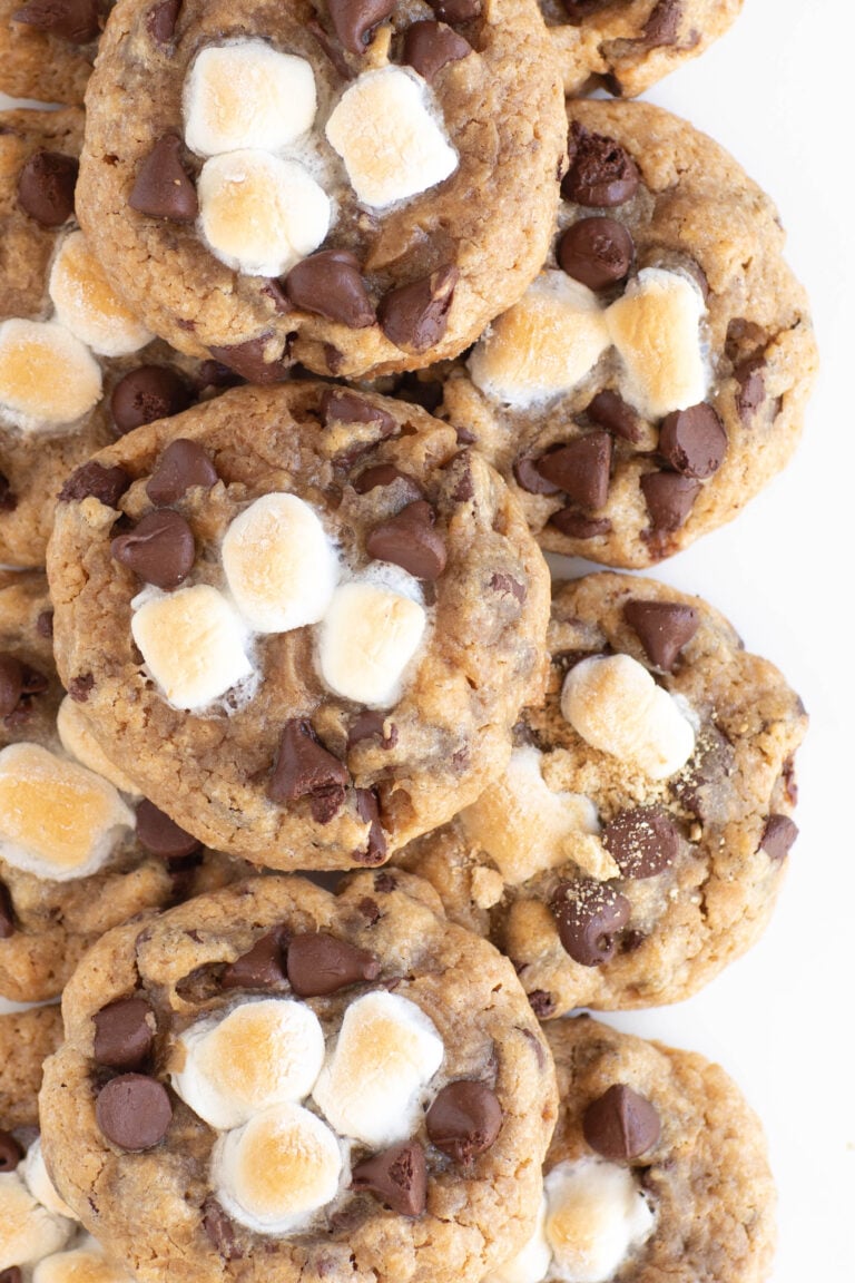 smore's chocolate chip peanut butter cookies up close stacked onto each other