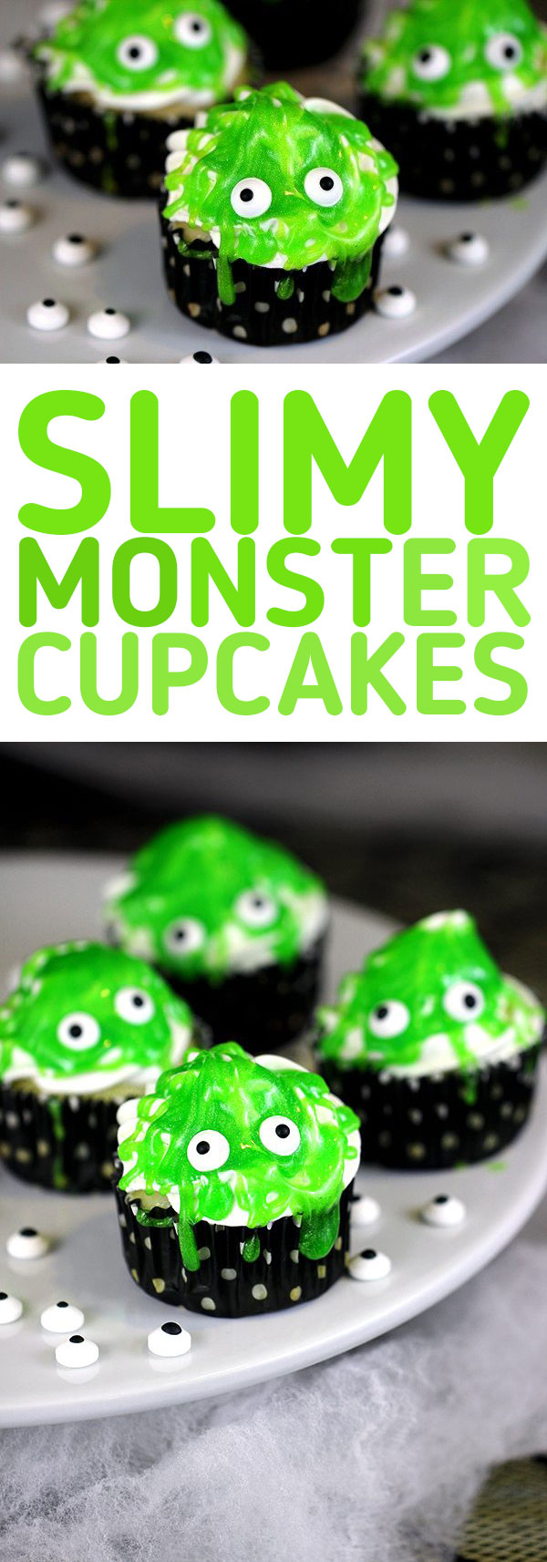 Slimy Monster Cupcakes. Cute and spooky comes together with these super easy cupcakes. Great for Halloween parties and monster theme parties.