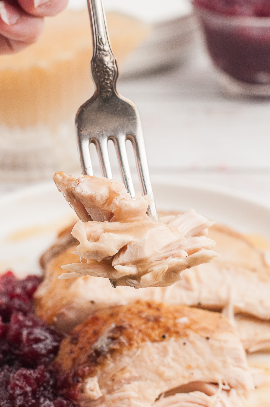 fork full of moist thanksgiving turkey
