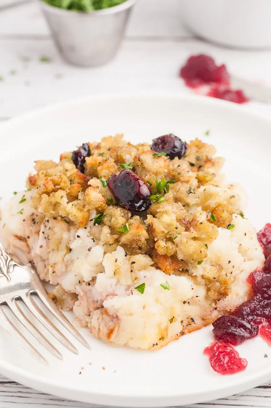 casserole with layers of stuffing, mashed potatoes and moist turkey