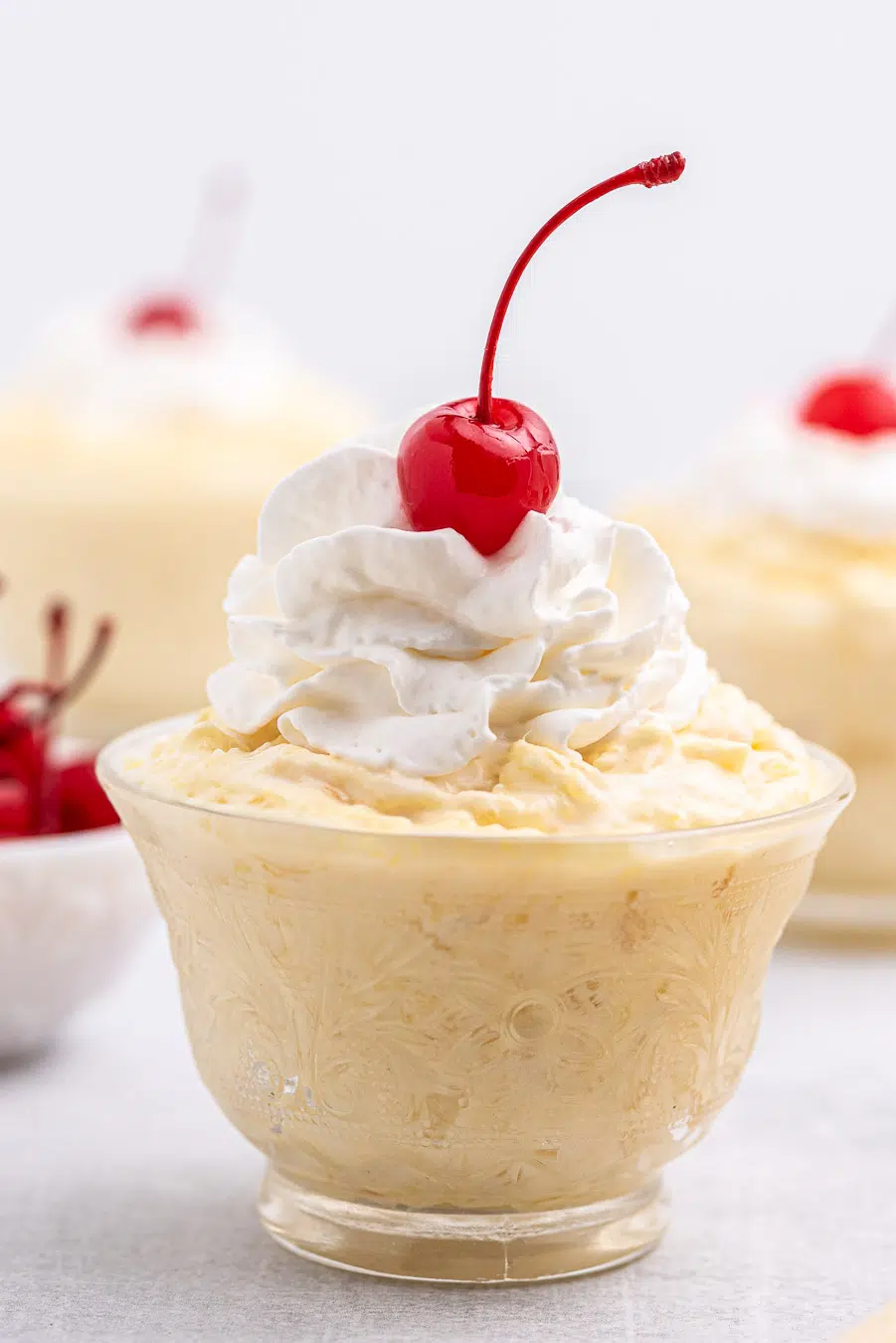 easy pineapple dessert served in a vintage glass dish