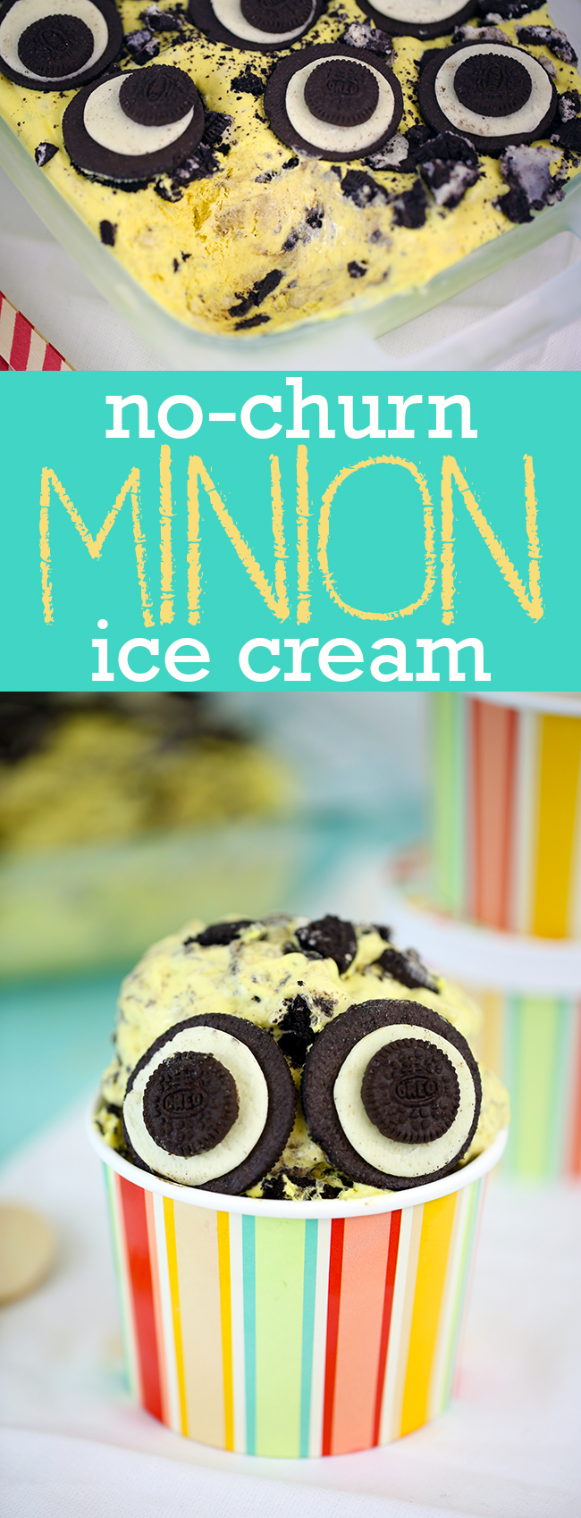 CUTE ALERT! No Churn Minion Ice Cream recipe. Delicious kid friendly ice cream loaded with bananas of course and Oreo cookies.