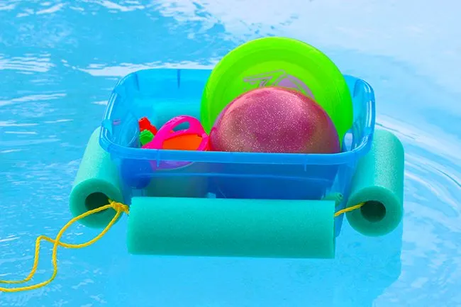 Brilliant! Make a floating pool noodle toy bin this summer! Cheap and easy!