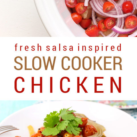 Four Fresh Ingredients come together like magic in the slow cooker! This recipe calls for ingredients that you would make fresh salsa. This is great for making a batch of healthy chicken with just veggies and herbs! Nom.