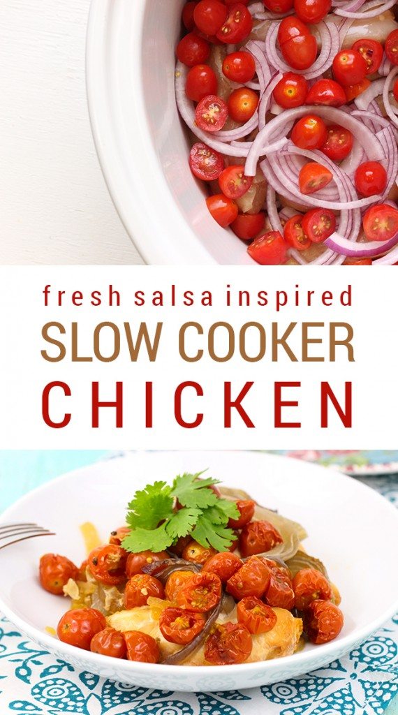 Four Fresh Ingredients come together like magic in the slow cooker! This recipe calls for ingredients that you would make fresh salsa. This is great for making a batch of healthy chicken with just veggies and herbs! Nom.