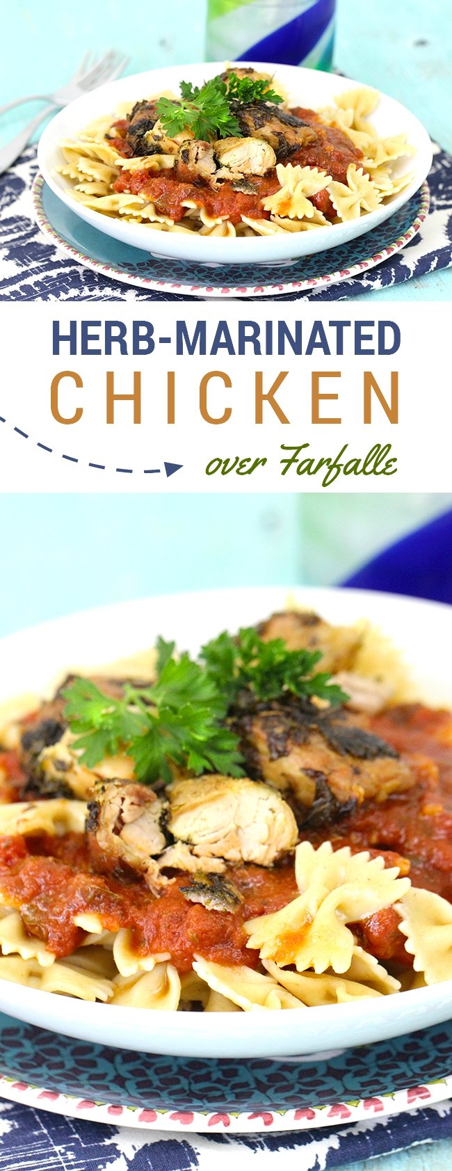 YUM! Easy weeknight dinner with herb marinated chicken breast. Serve over Farfalle for an unexpected fancy meal anytime!!