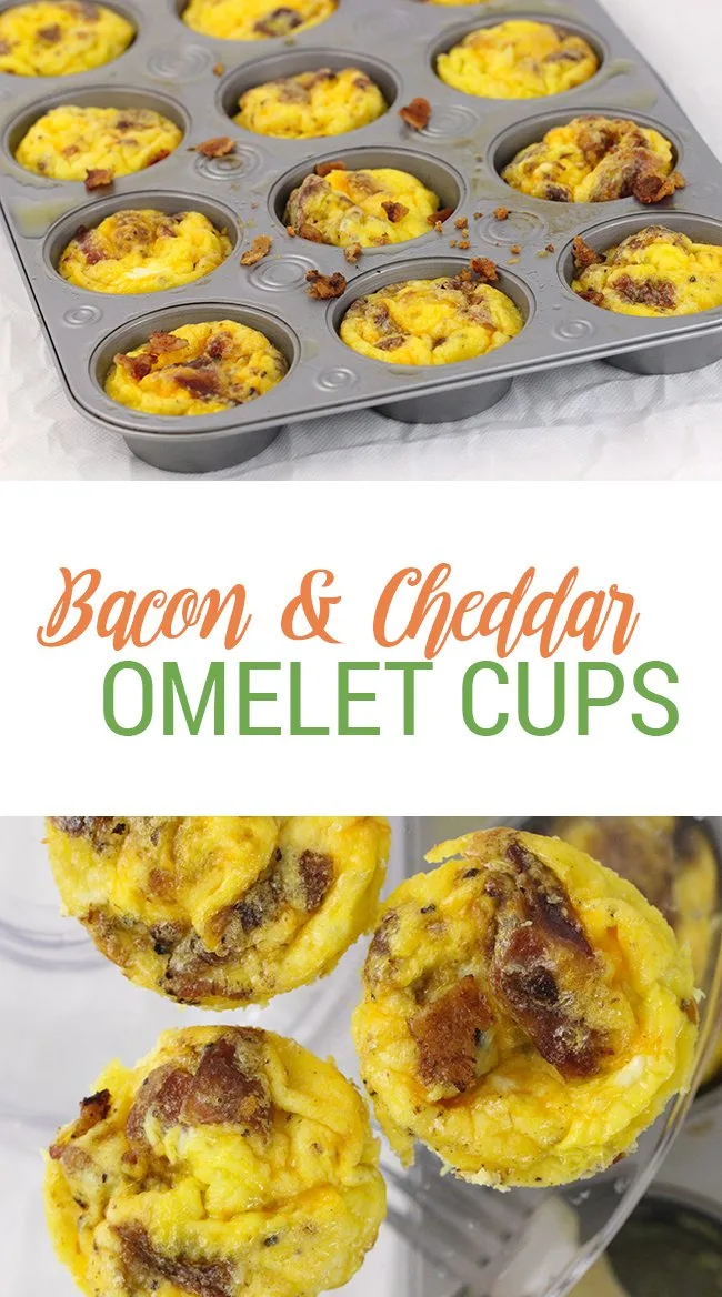 Breakfast quick fix favorite! Cheddar and Bacon made into adorable easy to make omelet cups. Nom. 