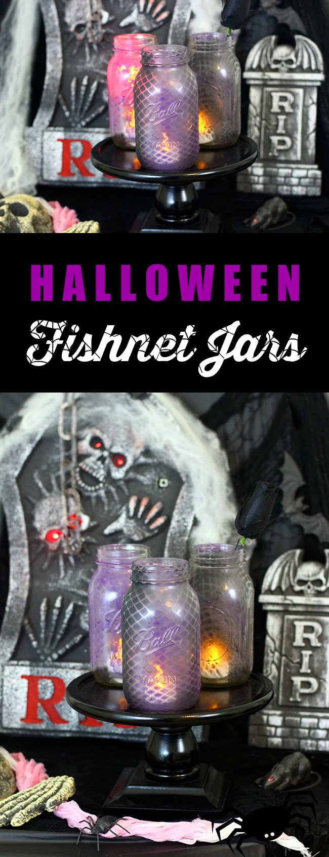 Halloween ambiance? So easy with these spray painted fishnet jars