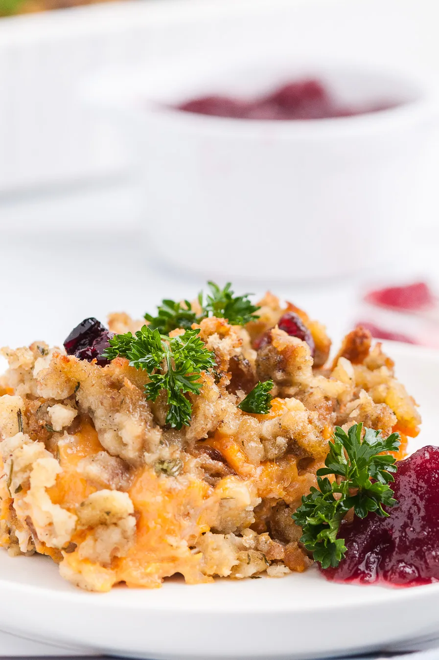 plated stuffing casserole served with garnish