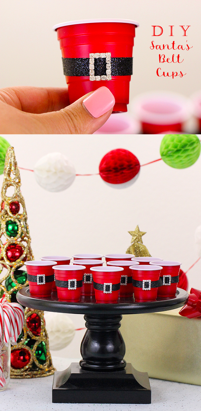 Santa Belt Buckle cups~totally doing this! chalkboard paint bands to write  names on cups!