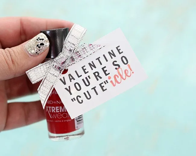 Candy free Valentine's Day Gift Idea. "Valentine, You're so CUTEicle for gifting a bottle of nail polish. Get this free Valentine's Day Printable.