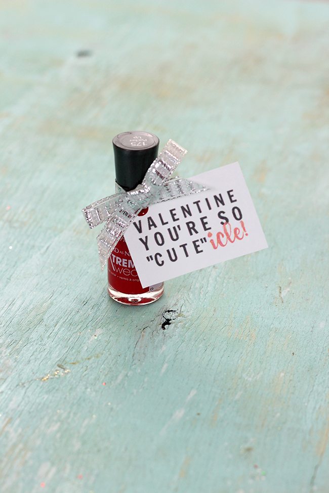 Candy free Valentine's Day Gift Idea. "Valentine, You're so CUTEicle for gifting a bottle of nail polish. Get this free Valentine's Day Printable.