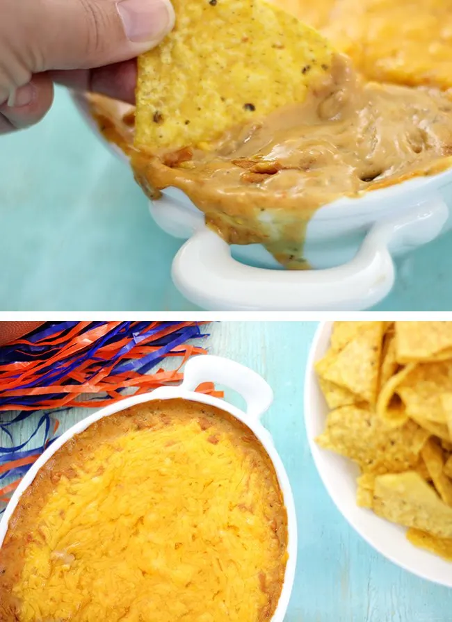 Oozy cheesy bean dip recipe. So easy, you won't believe you haven't tried it yet.