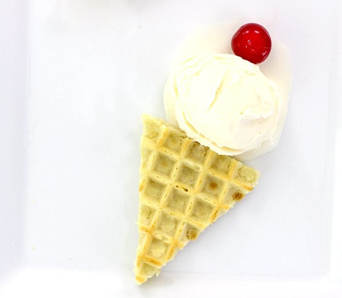 Make this sweet little treat in just a minute with a trimmed frozen waffle, a scoop of your fav icream and top with a cherry. Adorbs.