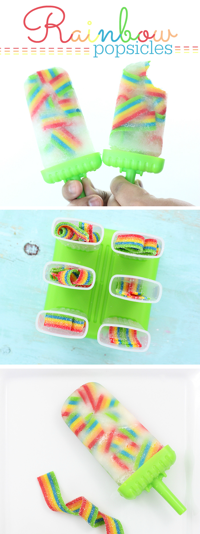 Rainbow Popsicles. These taste SO good! So easy to make too. Just use Airheads Rainbow Candy for the cutest ice pop popsicles ever! 