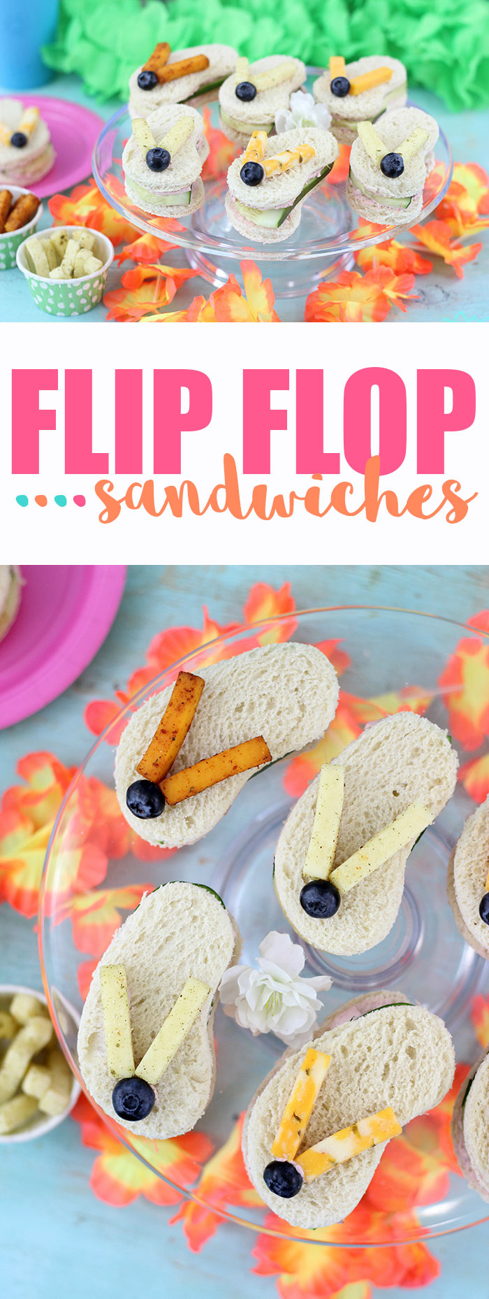 Flip Flop Sandwiches. So cute, great for summertime parties and beach parties. These are made with Sargento Cheese Snacks, Blueberries, Cucumbers and Strawberry Cream Cheese. Adorable! 