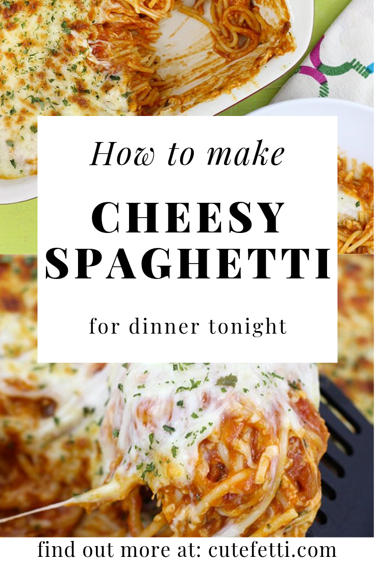 Cheesy Spaghetti Bake recipe comes together so quick and is SO cheesy and creamy. No joke. Perfect back to school recipe to add to your recipe box for sure.