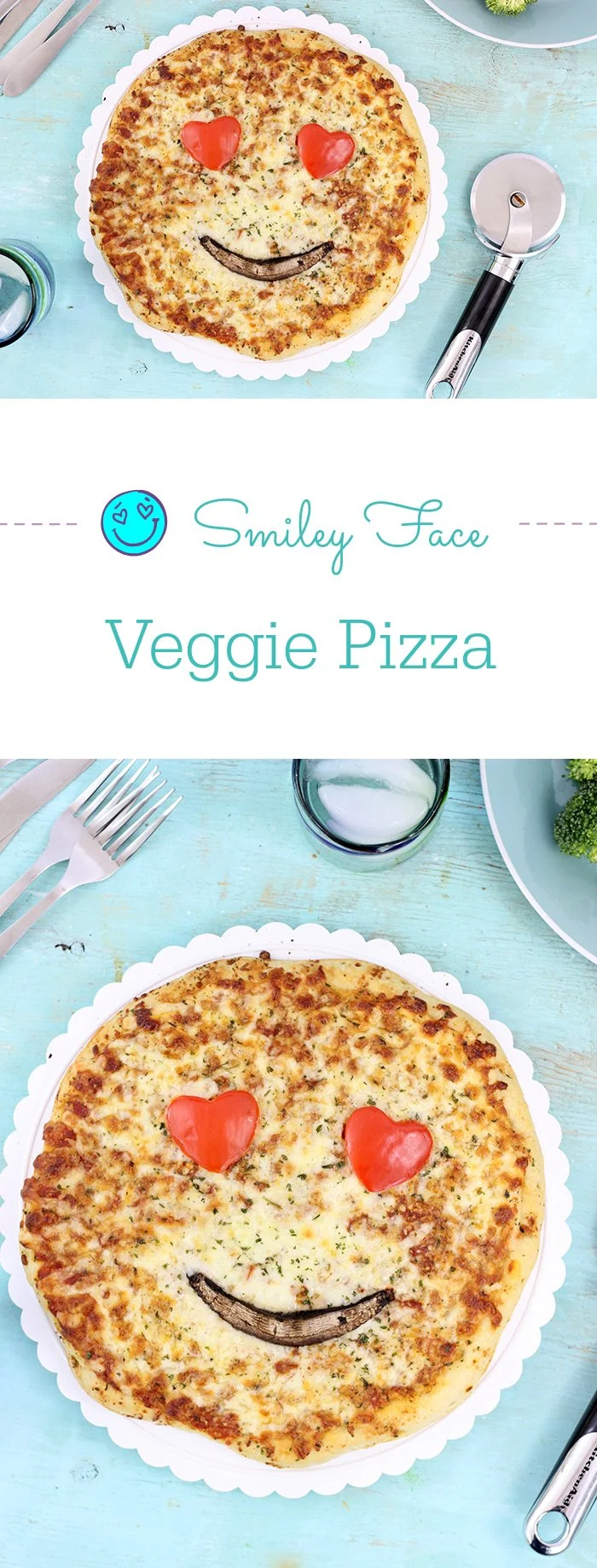 Smiley Face Veggie Pizza. Get your family smiling with these cute veggie emoticon pizza faces. From peppers. mushrooms, olives and broccoli you can get fun in the kitchen.