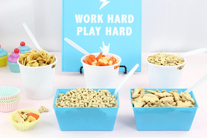 Snack Station for kids. Cute DIY Ideas and simple snack ideas. The trail mix bar is such a COOL idea!