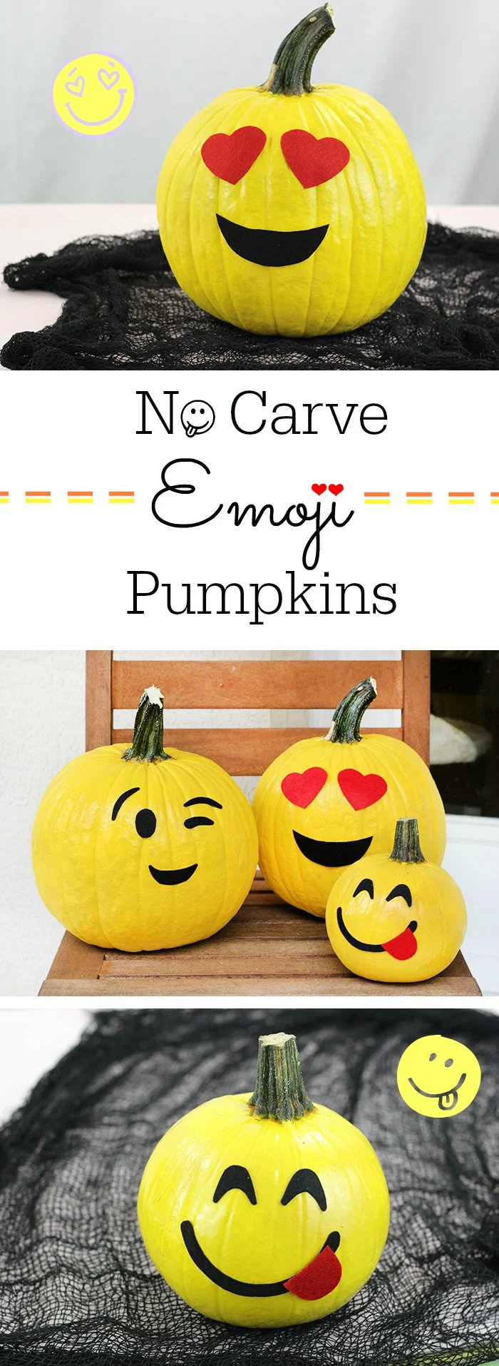 No Carve Emoji Pumpkins. Kid friendly pumpkins that are SO fun and so easy to make for Halloween.