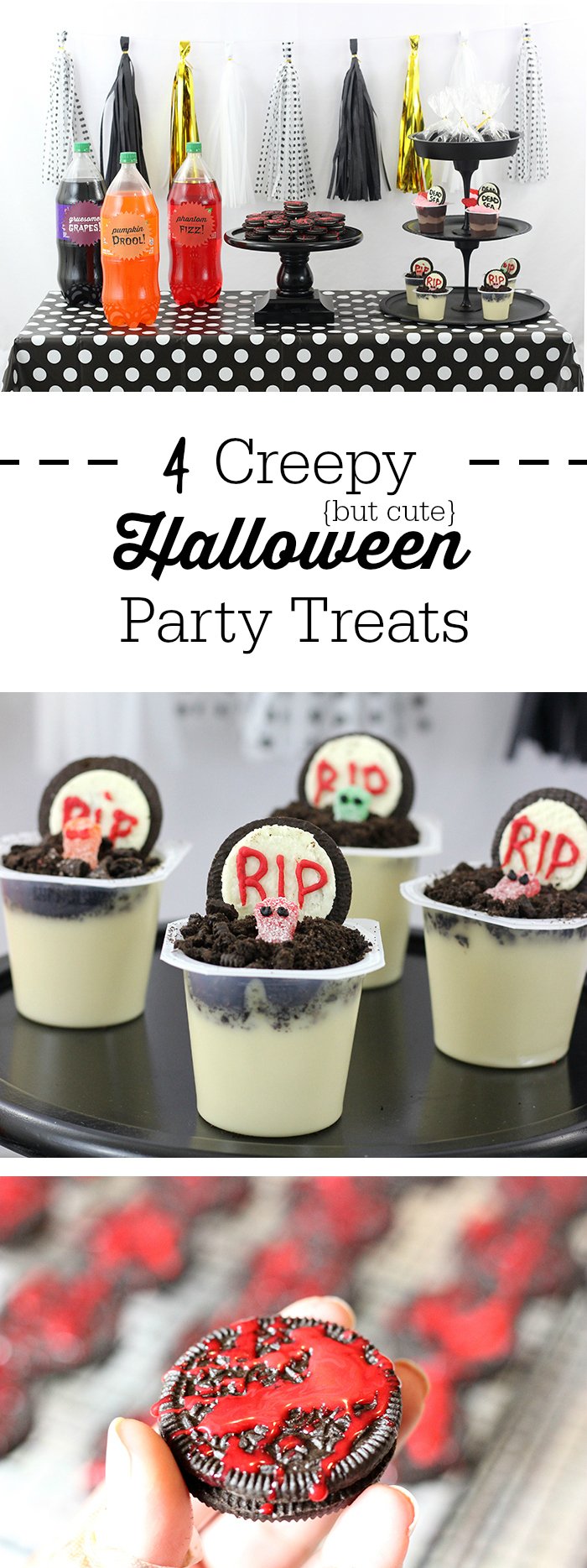 Creepy Halloween Party Treats. From haunted pudding cups, to blood spattered OREO cookies and more. Make Dead Sea Pudding Cups with OREO, Sour Patch Kids and Snack Pack Pudding Cups.