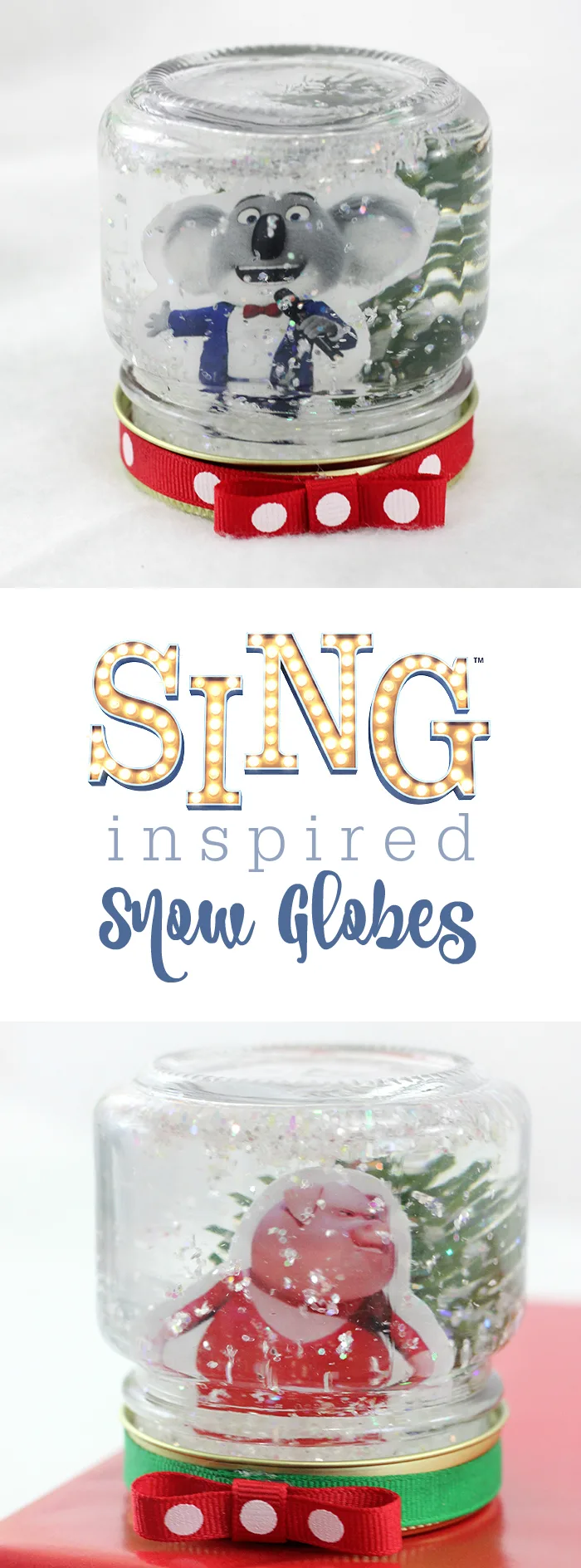 Snow Globes inspired by the SING movie. DIY project that you can do with kids.