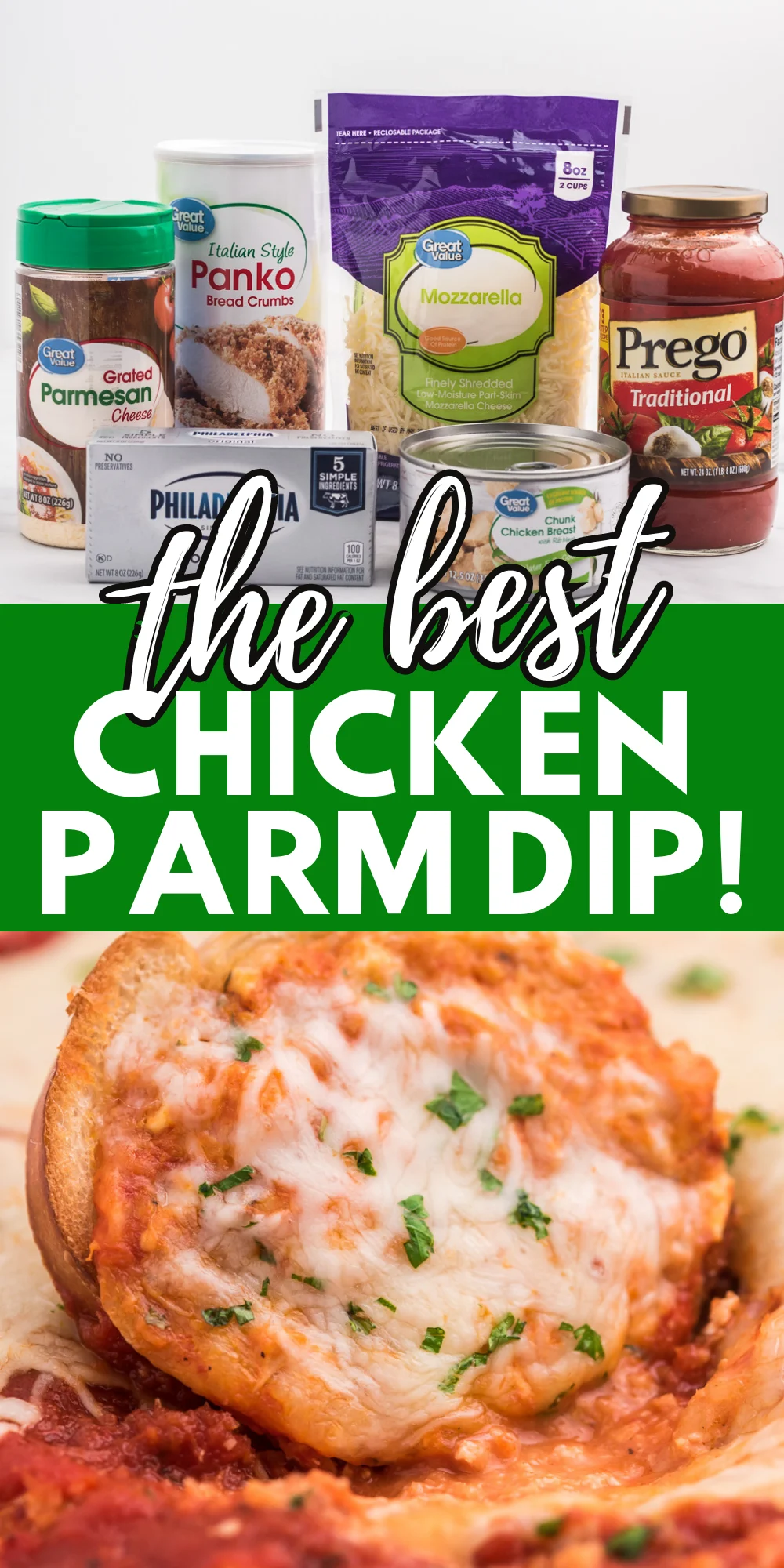 Easy Chicken Parmesan Dip made with canned chicken, cream cheese, parmesan cheese, panko crumbs. 