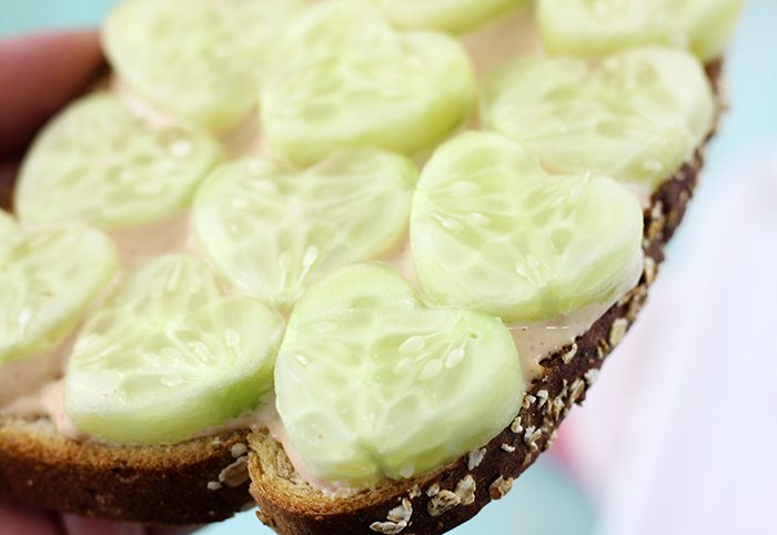 Veggie Valentine's Day Twist. Veggie Toasts with Cute Heart Shaped Veggies Served on Top.