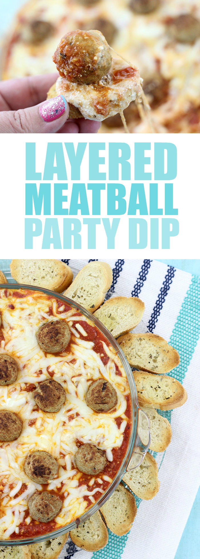 Layered Meatball Party Dip. Delicious oozy layers of cheese and meatballs. YUM.