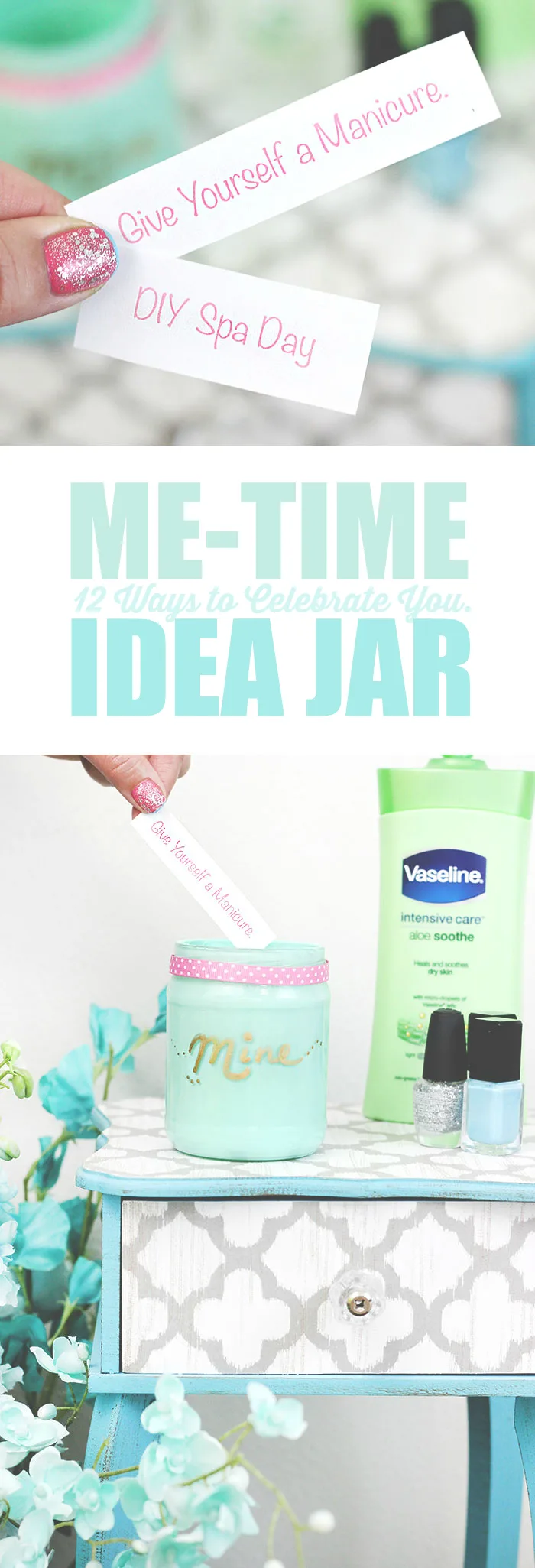 Feeling spent? Remind yourself to enjoy a break with a Me-Time Idea Jar + 12 ideas.