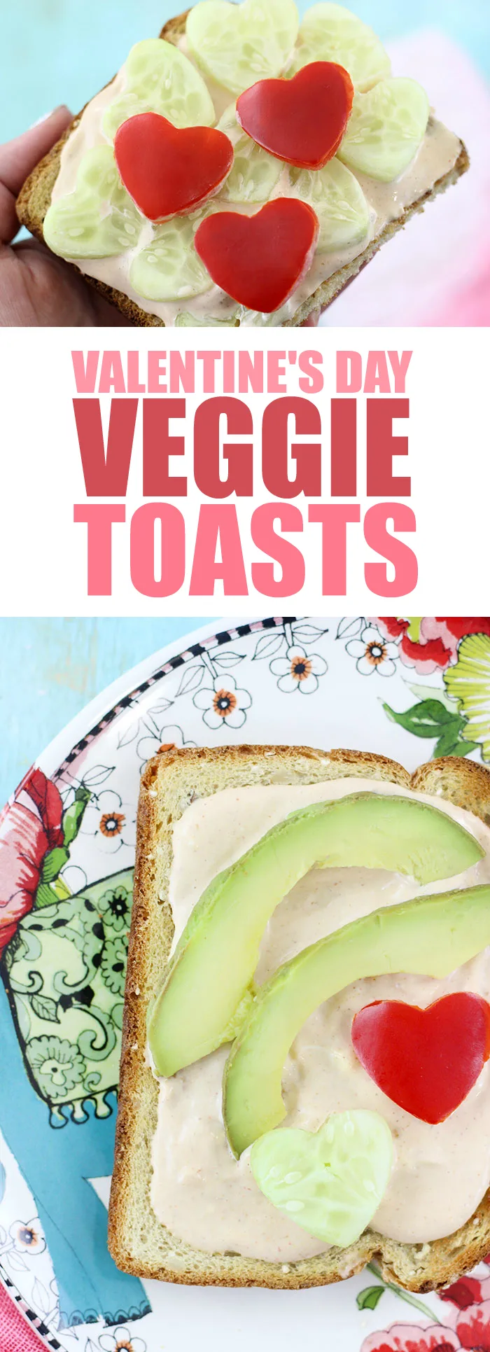 Veggie Valentine's Day Twist. Veggie Toasts with Cute Heart Shaped Veggies Served on Top.