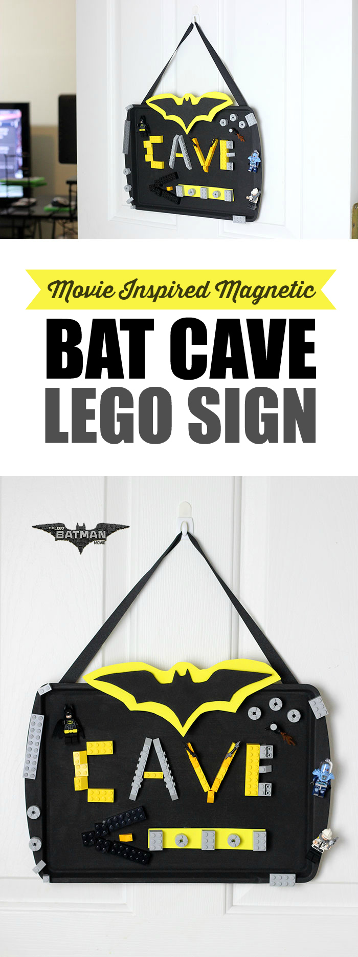 DIY Magnetic LEGO Batman Sign to celebrate upcoming The LEGO Batman Movie on 2/10.