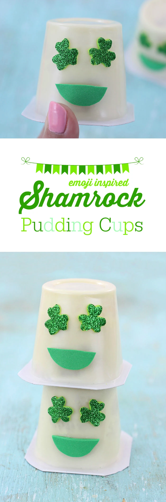 Shamrock Emoji Pudding Cups. Super cute craft idea to celebrate St. Patrick's Day.