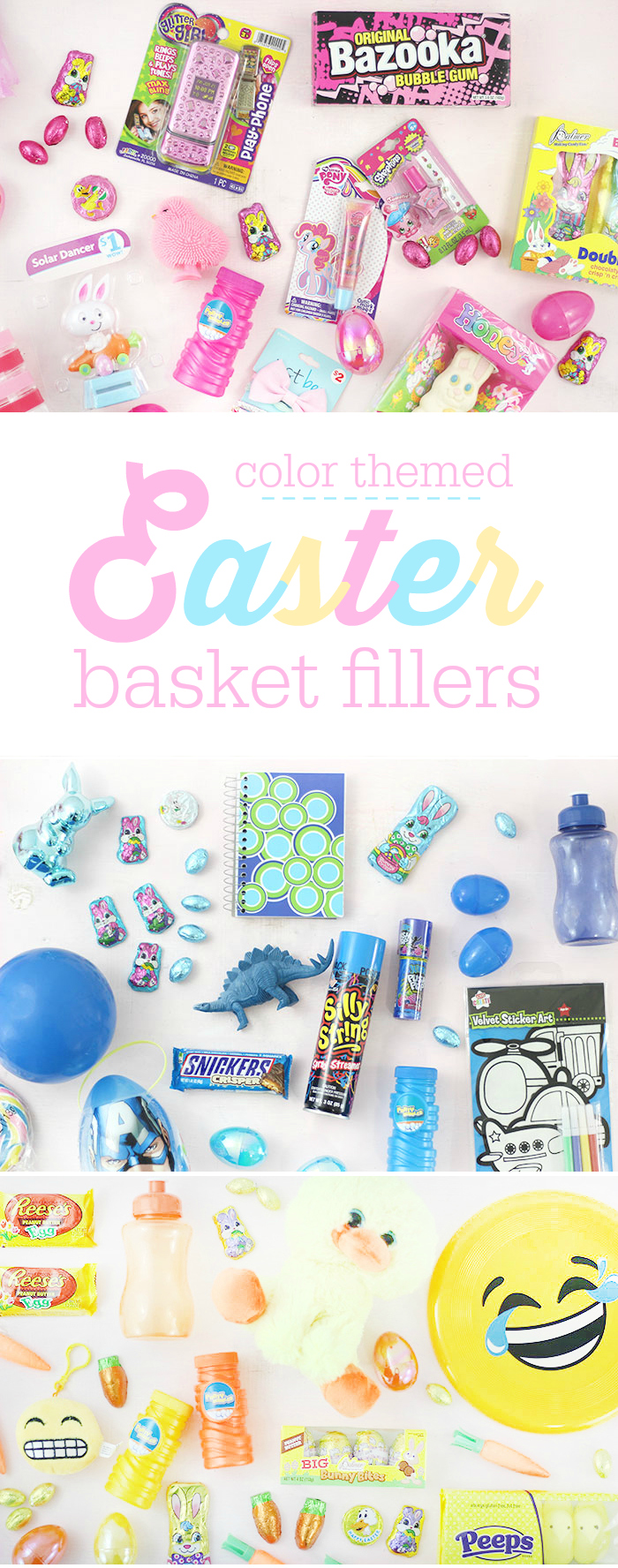 Color Themed Easter Basket Fillers. Pink, Blue, Yellow Orange for the perfect baskets.