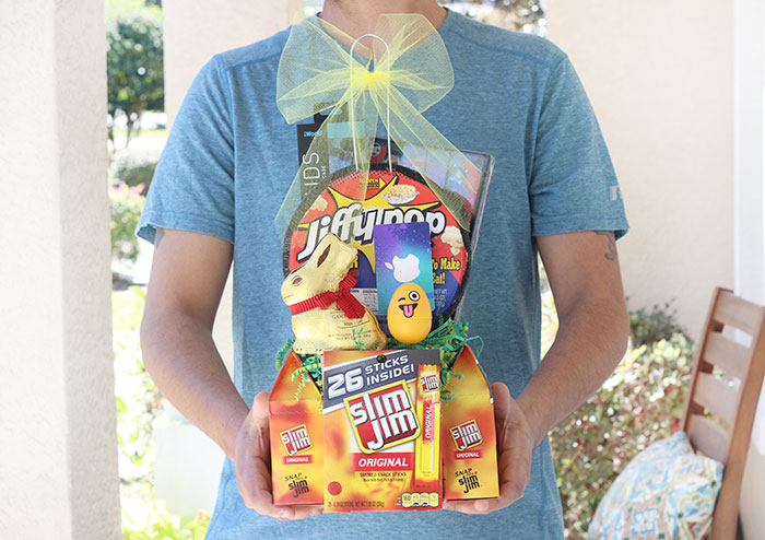 DIY Easter Basket For Men. Use Slim Jim packages and cardboard to make your own basket.