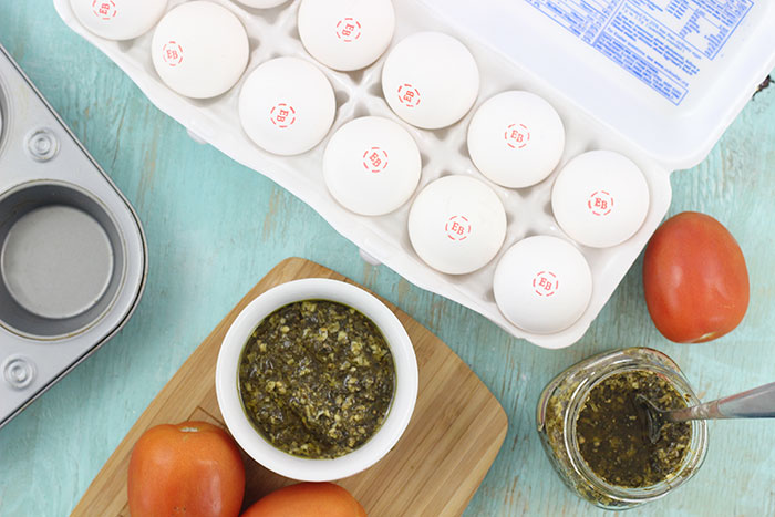 Pesto Omelet Cups. Easy to make with a muffin tin and absolutely delish for breakfast. 