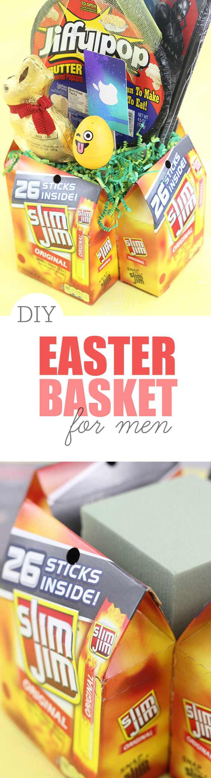 DIY Easter Basket For Men. Use Slim Jim packages and cardboard to make your own basket.