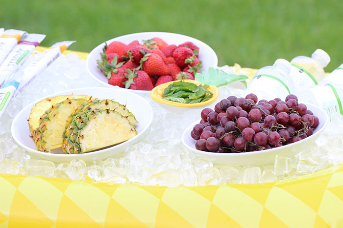 Hydration station for summer. See how to set up an easy cooler in a float and how to stock your station with hydrating food and drinks. Froozer is the perfect frozen snack to cool off with.