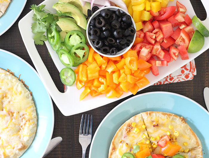 Open Faced Veggie Quesadillas. Awesome Family Serving Ideas to load up on veggies.