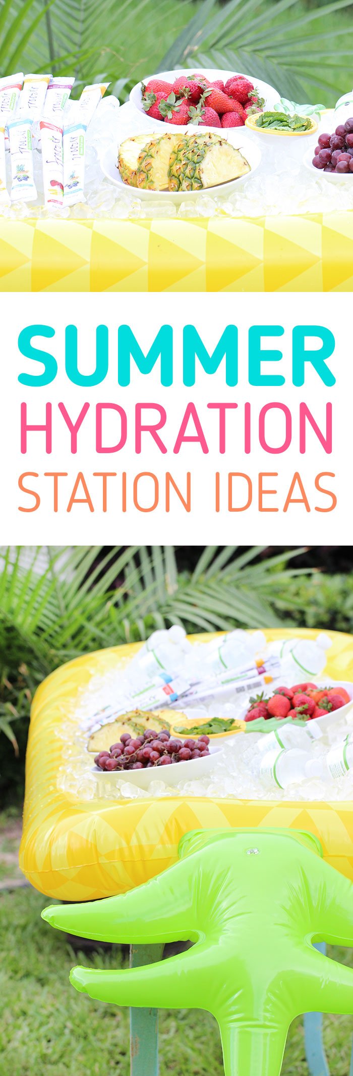 Hydration station for summer. See how to set up an easy cooler in a float and how to stock your station with hydrating food and drinks. Froozer is the perfect frozen snack to cool off with.