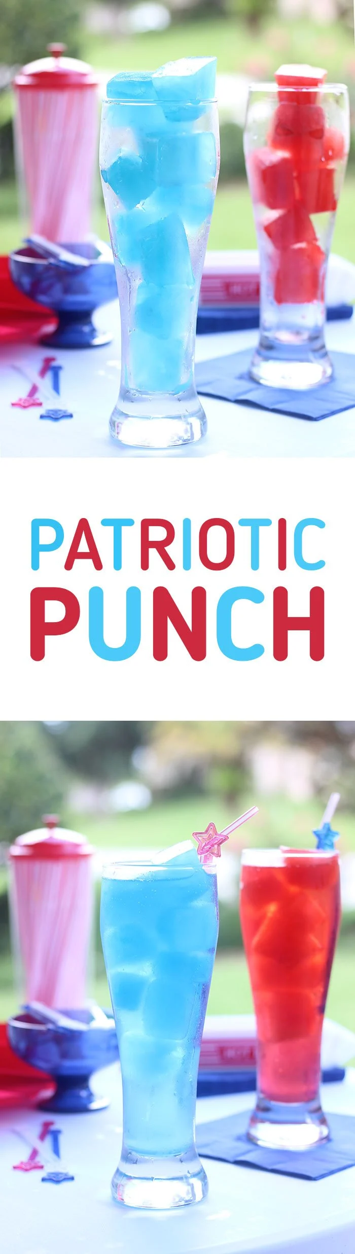 Patriotic Punch - kid friendly. Make colorful juice ice cubes and just add soda for the perfect and simple Labor day recipe.