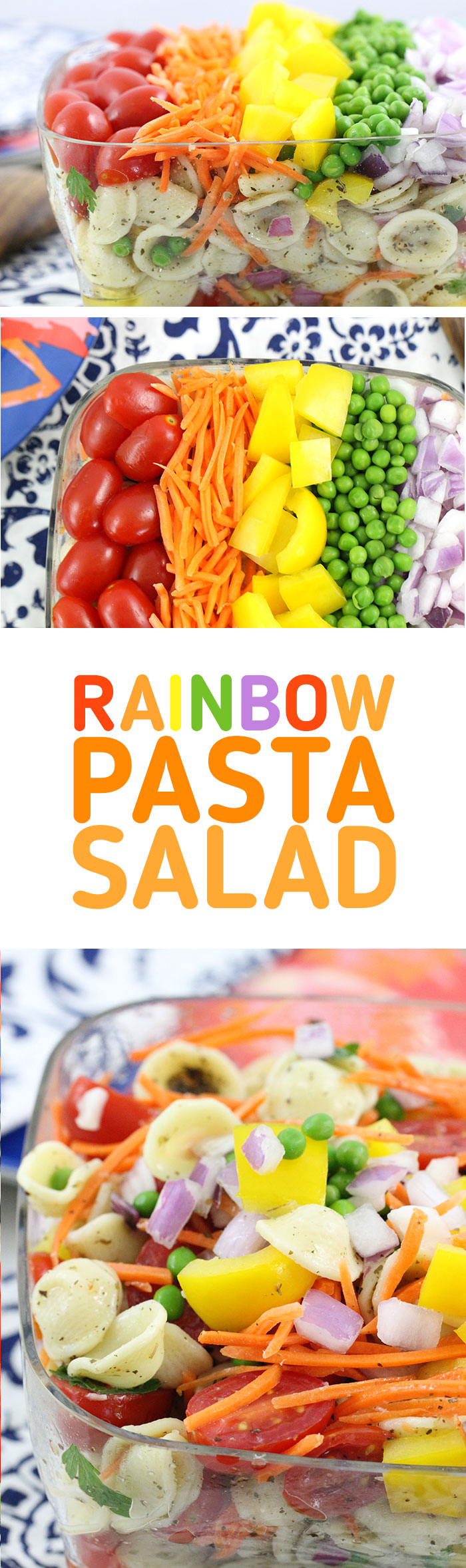 Rainbow Pasta Salad that's SO easy to make. Crowd Pleaser with colorful fresh veggies. 