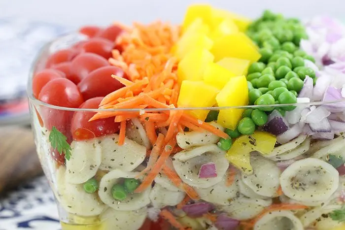 Rainbow Pasta Salad that's SO easy to make. Crowd Pleaser with colorful fresh veggies. 
